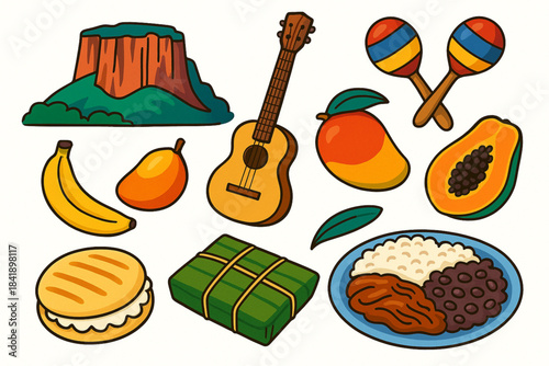 Colorful cartoon illustration of Venezuelan culture and food icons
