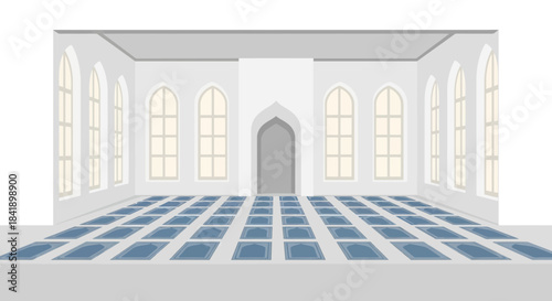 Interior of a Mosque with Prayer Mats and Arched Windows.