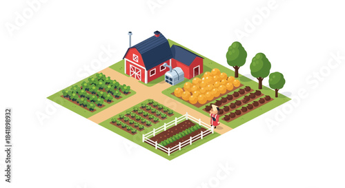 Isometric Farm with Barn Fields and Crops.