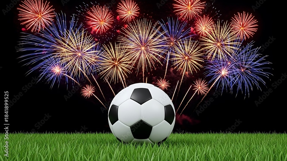 Fototapeta premium Celebrating victory with soccer ball and fireworks