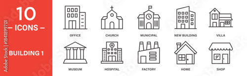 Building icon set. Building vector symbol in black filled and outlined style.