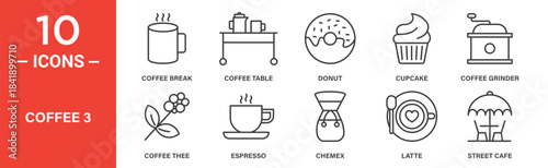 Coffee icon set. Coffee vector symbol in black filled and outlined style.