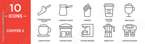 Coffee icon set. Coffee vector symbol in black filled and outlined style.