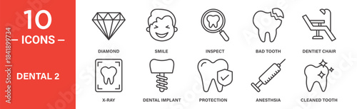 Dental icon set. Dental vector symbol in black filled and outlined style.