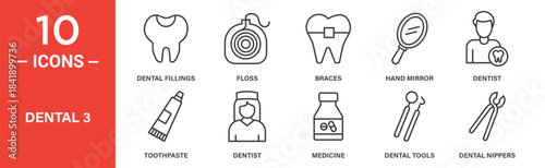 Dental icon set. Dental vector symbol in black filled and outlined style.