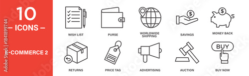 E-commerce icon set. E-commerce vector symbol in black filled and outlined style.