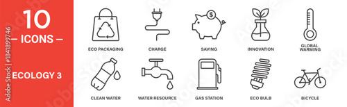 Ecology icon set. Ecology vector symbol in black filled and outlined style.