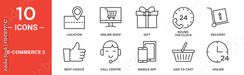 E-commerce icon set. E-commerce vector symbol in black filled and outlined style.