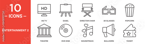 Entertainment icon set. Entertainment vector symbol in black filled and outlined style.
