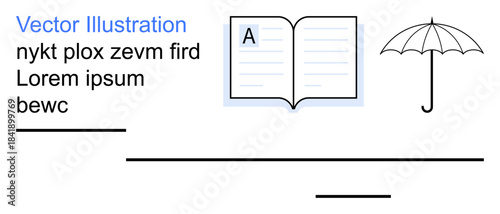 Education, publishing, language, communication, protection, weather. Open book, text blocks umbrella. Knowledge and communication showcased through literacy and symbolism of protection
