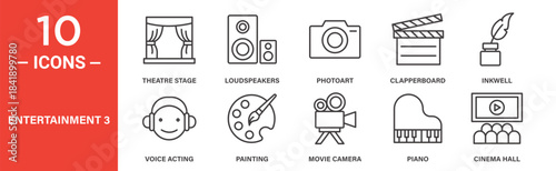 Entertainment icon set. Entertainment vector symbol in black filled and outlined style.