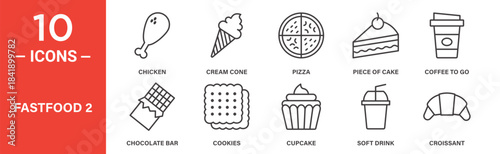 Fastfood icon set. Fastfood vector symbol in black filled and outlined style.