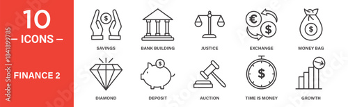 Finance icon set. Finance vector symbol in black filled and outlined style.
