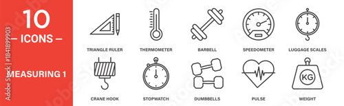 Measuring icon set. Measuring vector symbol in black filled and outlined style.