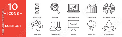 Science icon set. Science vector symbol in black filled and outlined style.