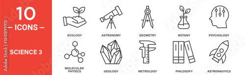 Science icon set. Science vector symbol in black filled and outlined style.