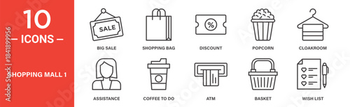 Shopping mall icon set. Shopping mall vector symbol in black filled and outlined style.