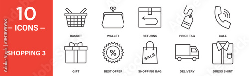 Shopping icon set. Shopping vector symbol in black filled and outlined style.