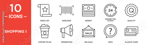 Shopping icon set. Shopping vector symbol in black filled and outlined style.