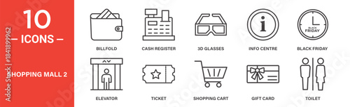 Shopping mall icon set. Shopping mall vector symbol in black filled and outlined style.