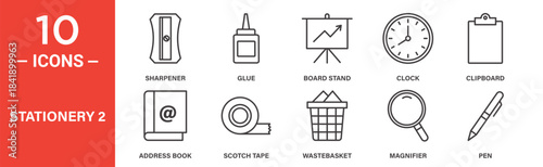 Stationery icon set. Stationery vector symbol in black filled and outlined style.