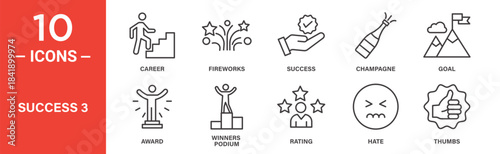 Success icon set. Success vector symbol in black filled and outlined style.