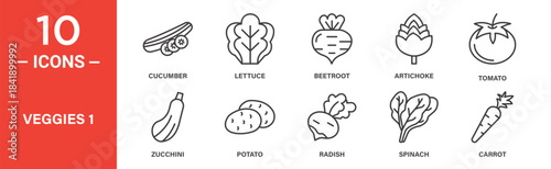 Veggies icon set. Veggies vector symbol in black filled and outlined style.