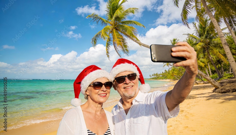 Naklejka premium Happy senior couple in Santa hats taking a selfie on a bright tropical beach with palm trees. Fantastic holidays destination with clear sky and turquoise water. 