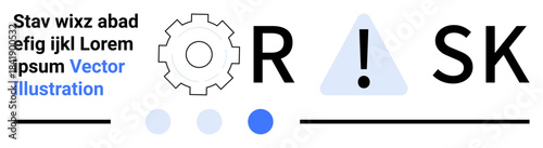 Warning triangle, gear symbol, bold text forming RISK, abstract dots, and clean lines in minimalist style. Ideal for security, analysis, management, decision-making strategy alert systems simple