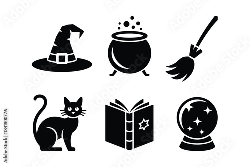 A collection of black silhouette icons representing classic witchcraft and halloween symbols
