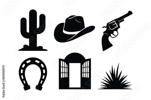 Six iconic silhouettes representing wild west and cowboy culture elements