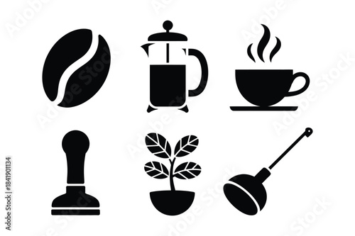 A set of minimalist black silhouette icons representing various elements of coffee and brewing process