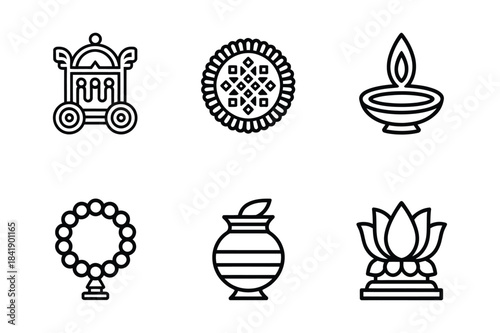 A set of line icons depicting various hindu auspicious symbols and cultural elements