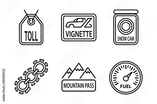 Set of travel and road condition icons, including toll, vignette, snow cam, and fuel gauge