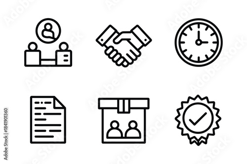 A set of business and office management line icons for various concepts