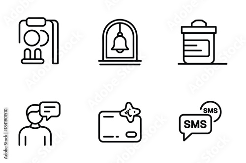 A collection of notification, communication, and finance icons in line art style