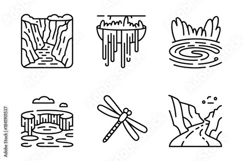 A set of simple line art icons representing natural landscapes and elements like geysers and canyons