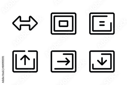 Simple black and white line icons representing ui controls like upload, download, and navigation