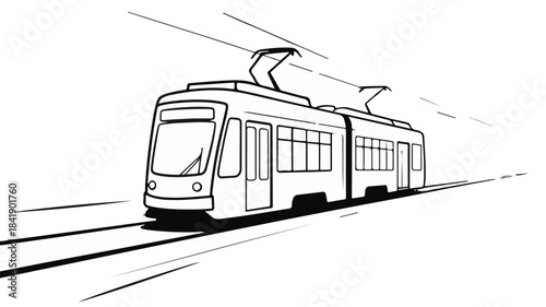 Modern tram moving swiftly on tracks, conveying urban transportation and speed.