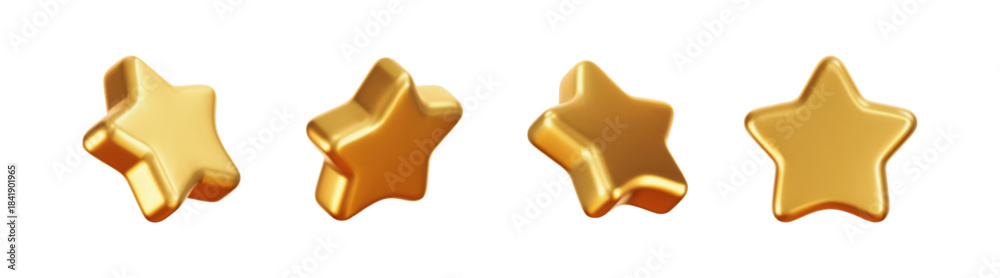 Fototapeta premium Golden 3D star vector set. Glossy realistic metal icons for review, customer feedback, premium award, rating badge, trophy, decoration or quality achievement design. Isolated on dark background.