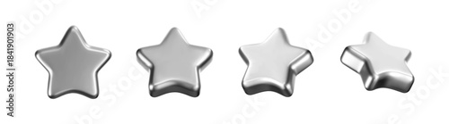 3D silver stars set with chrome effect isolated on white background. Glossy platinum star for Christmas and New Year decoration. Badge for rating, award trophy, achievement, winner reward. 3D vector