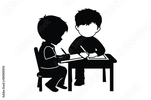 Silhouette illustration of two young students sitting at a desk writing and learning together