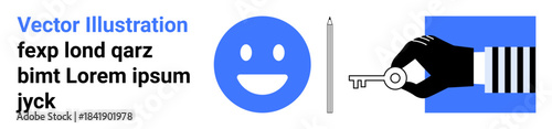 Security access, passwords, user identification, privacy solutions, minimal art, symbolic design. A hand holding a key, a smiling face symbol and a pen . Security access and privacy solutions
