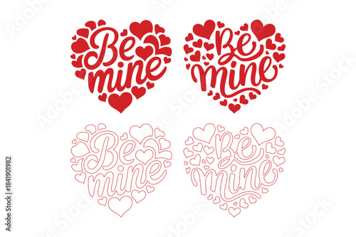 Be mine hand lettering heart design with solid fill and outline versions