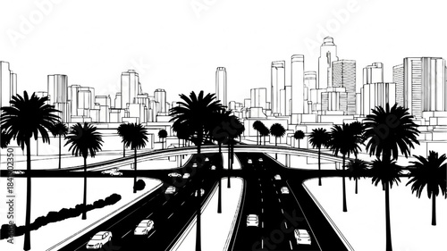 Cityscape, freeway, palm trees, architectural sketch, urban planning, Vector silhouette illustration isolated on white background	
