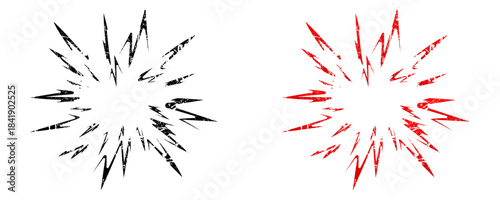 Explosion burst grunge and distressed graphics set featuring jagged, radial shapes with textured overlay, perfect for creating edgy, urban, punk, or aggressive design effects and backgrounds.