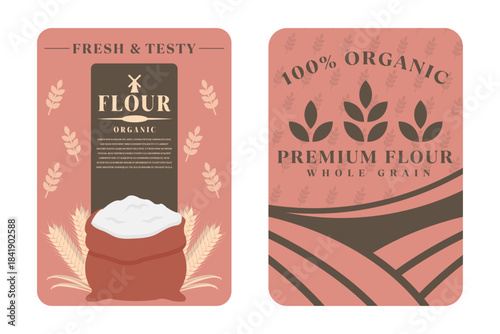 Organic flour packaging label vector featuring whole grain, wheat sack, and windmill motifs with text space, perfect for food industry branding, bakery products, and recipe promotion..