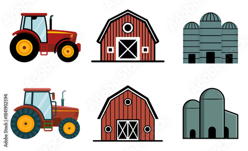 Farm and agriculture flat design vector featuring tractor, traditional red barn, and grain silos, ideal for farming apps, educational materials, infographics, and agricultural business branding.