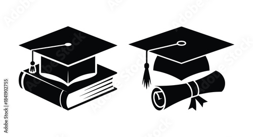 Academic achievement symbols caps stacked book and rolled diploma, Graduation caps, a book, and a diploma representing educational success and achievement, Vector illustration
