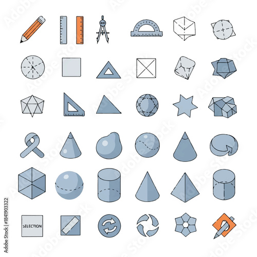 Collection of Geometric Shapes and Mathematical Tools Icons.